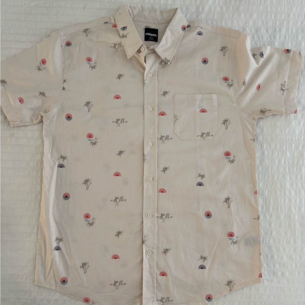 RSQ Cream Casual Button Down Shirt with Playful Pattern